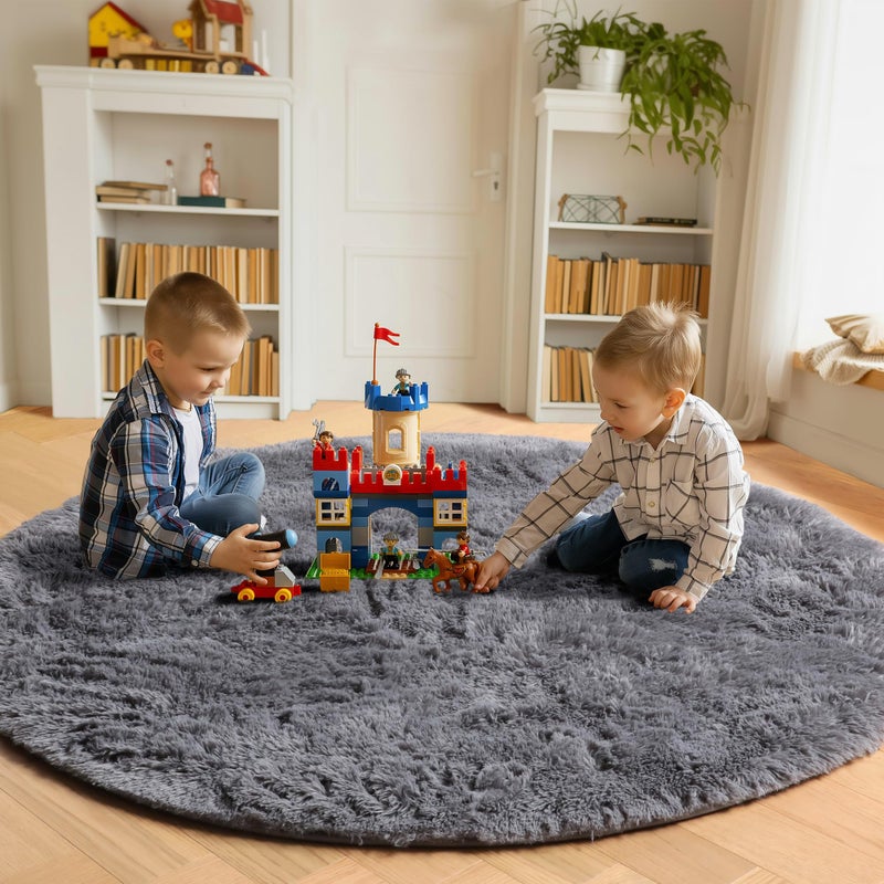 ONASAR Grey Round Area Rug 4ft, Gray Soft Bedroom Circle Throw Rugs for Kids Girls Boys Teen Dorm Room, Fluffy Plush Shaggy Carpet Mats for Nursery Living Room Playroom Home Office Decor Aesthetic - Image 4